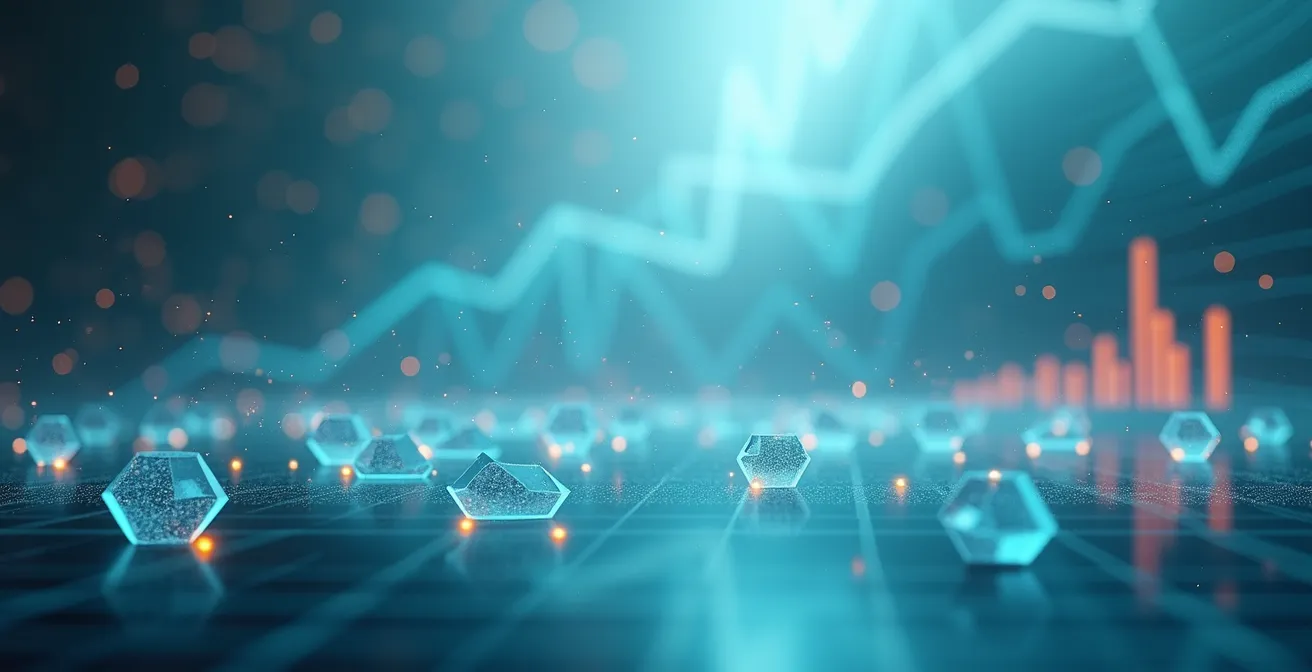 Visualisation abstraite de données de performance email avec graphiques et indicateurs temporels