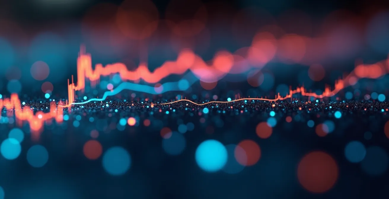 Macro photographie de lignes de code colorées sur un écran sombre avec effet de profondeur