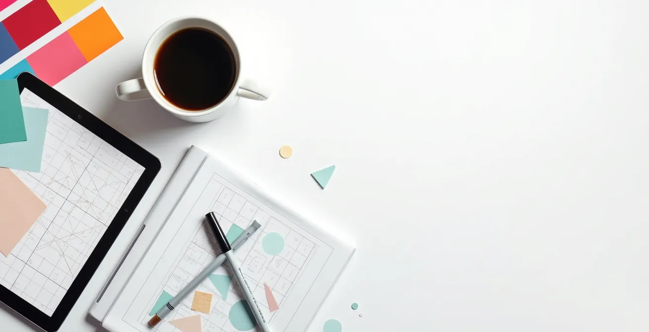 Vue aérienne d'un bureau avec éléments de content design et outils créatifs