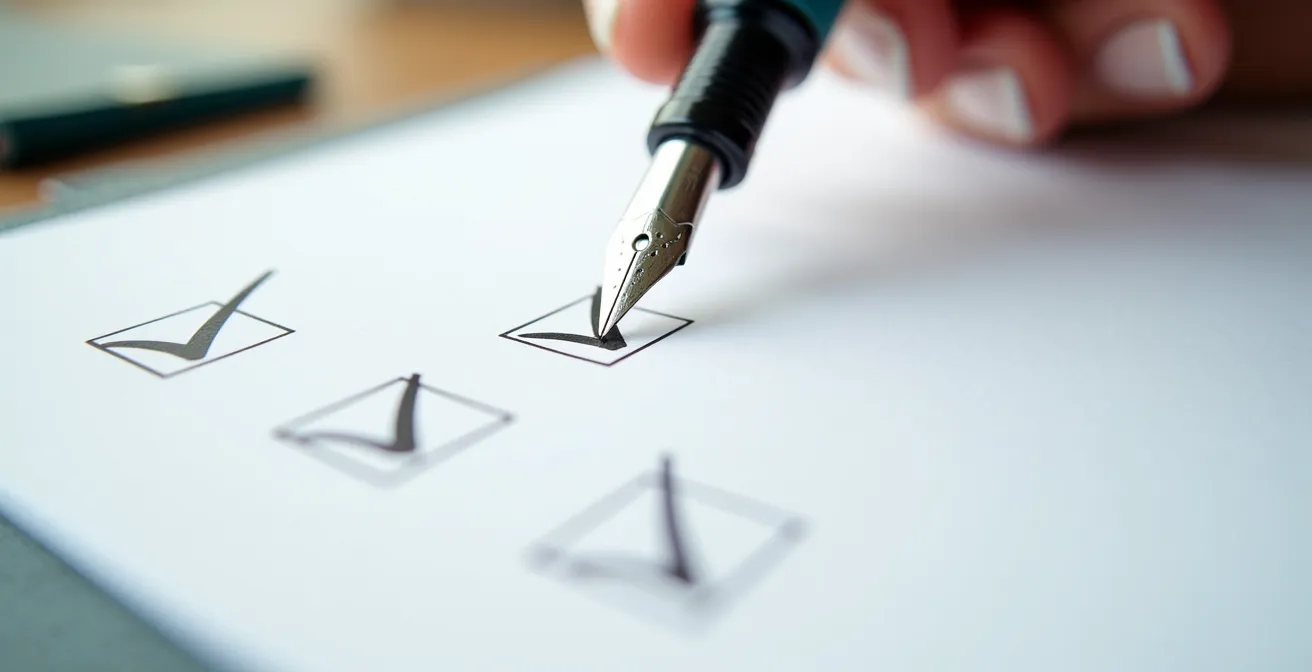 Vue macro d'un document de checklist avec cases à cocher et stylo sur bureau minimaliste