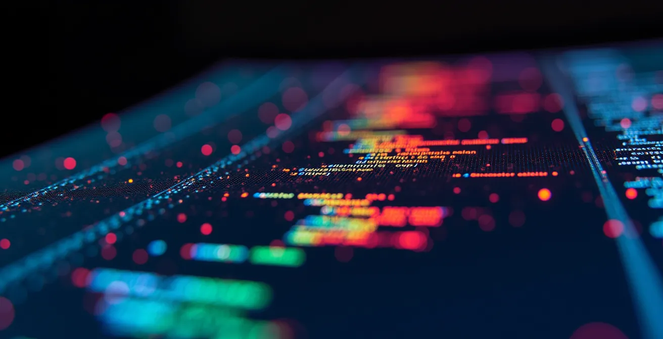 Vue macro d'un écran d'ordinateur montrant des lignes de code colorées pour email responsive
