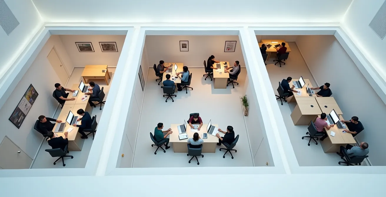 Vue aérienne minimaliste de trois espaces de travail différents représentant les modèles d'organisation de content factory : interne, hybride et externe.