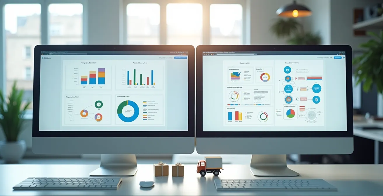 Deux écrans côte à côte montrant des interfaces simplifiées d'outils de suivi, avec des graphiques et des éléments visuels colorés non textuels