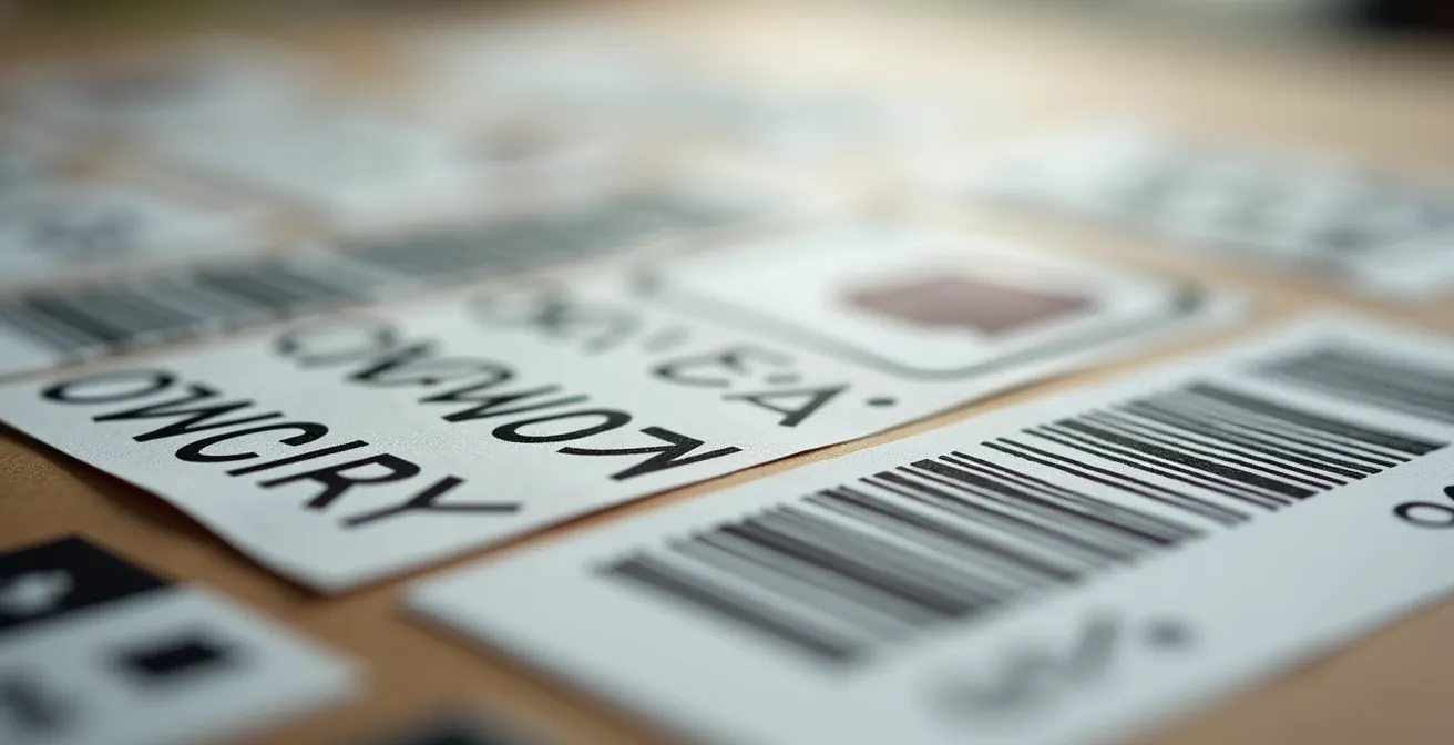 Détail macro de plusieurs étiquettes d'expédition floues superposées créant une texture abstraite