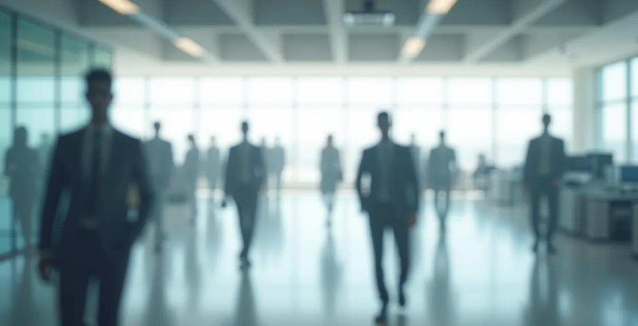 Silhouettes floues de personnes anonymes dans un environnement de bureau moderne