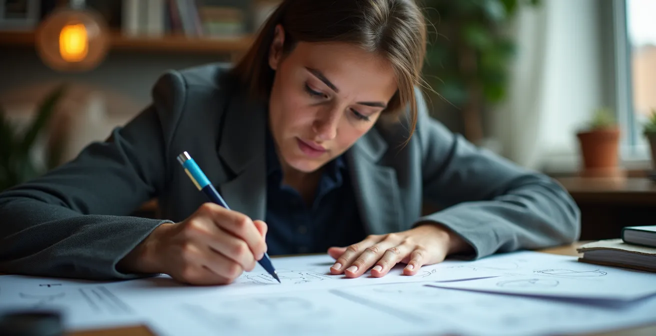 Expert en train de créer du contenu spécialisé dans un environnement de travail épuré, symbolisant le marketing de niche.