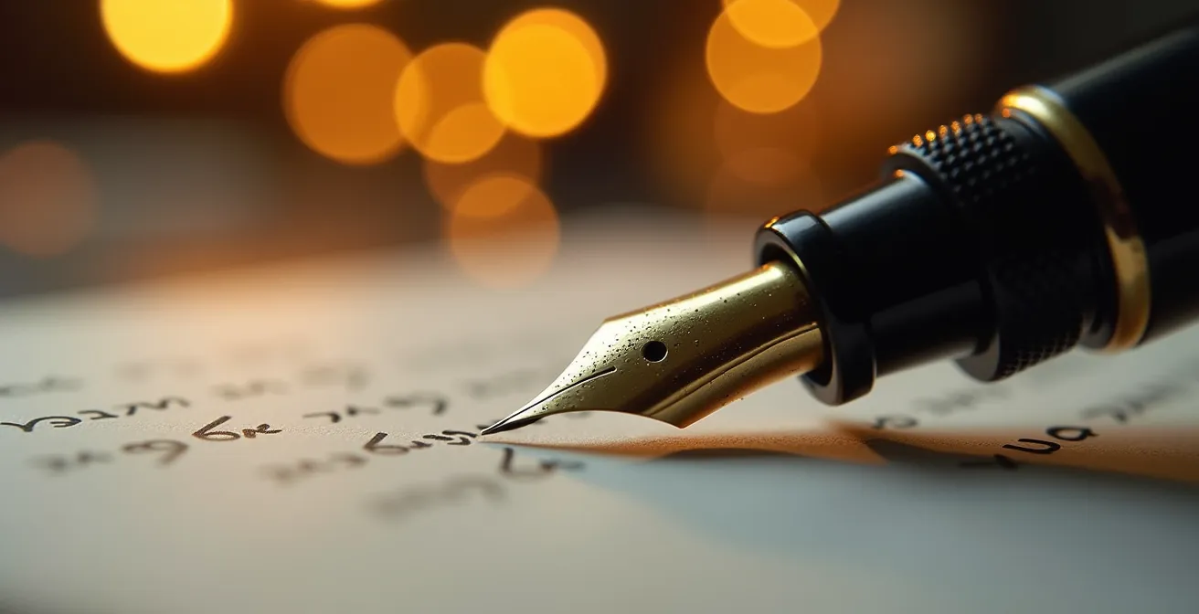 Gros plan macro sur stylo plume écrivant sur papier texturé avec jeu de lumière dramatique