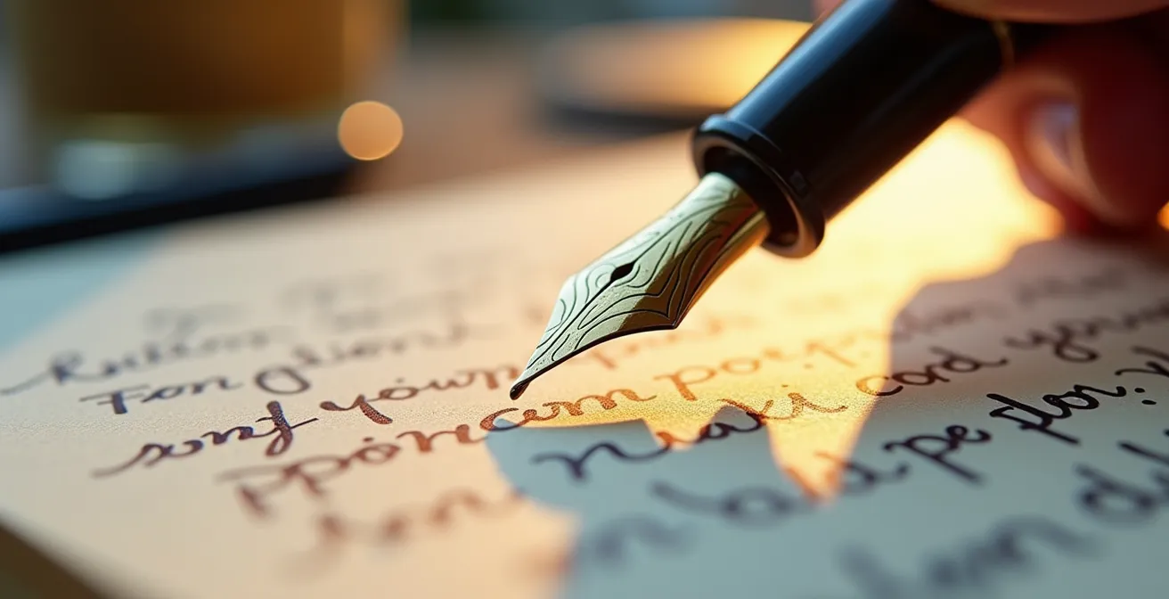 Gros plan macro sur une main tenant un stylo plume au-dessus de notes manuscrites créatives