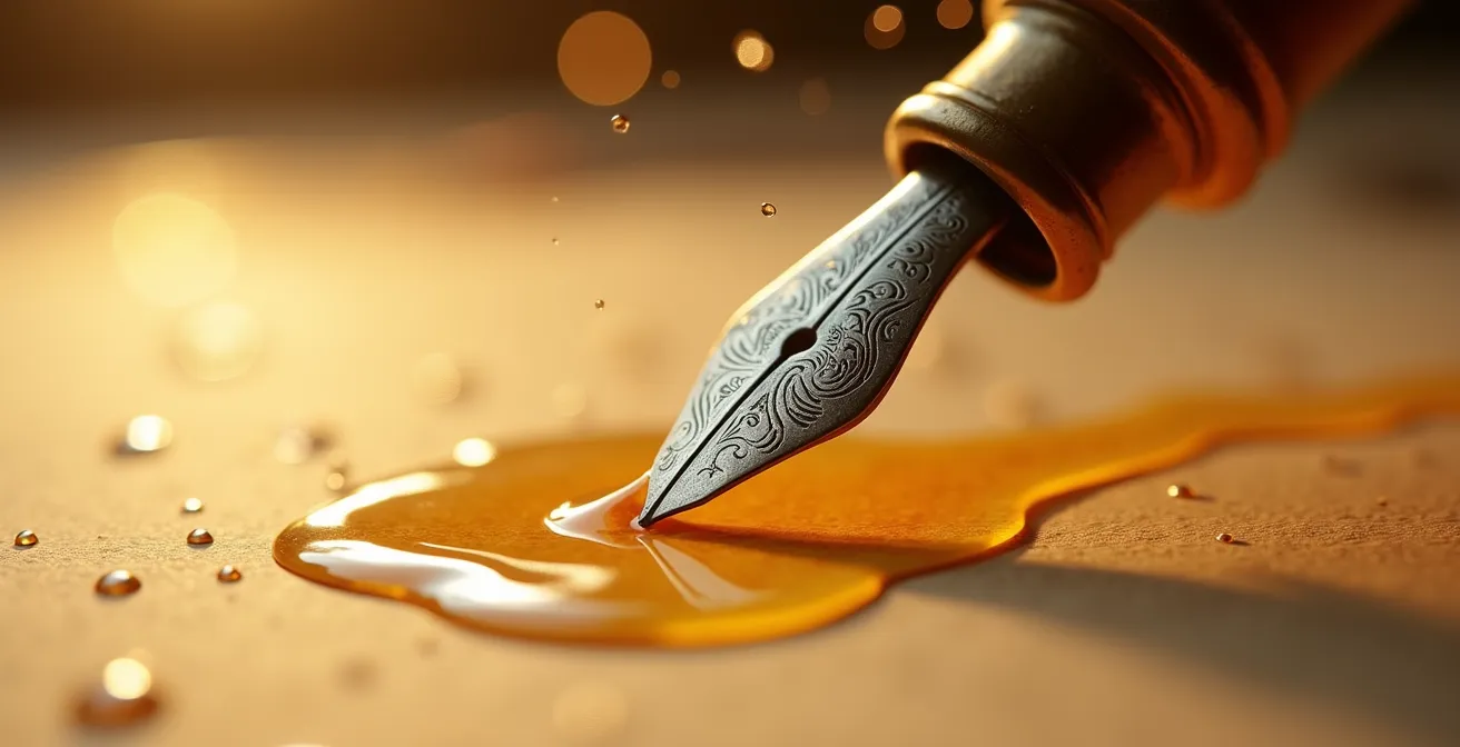 Gros plan macro sur une plume d'oie touchant délicatement une surface dorée avec des reflets lumineux