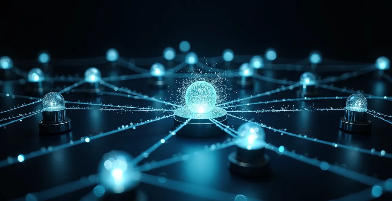 Métaphore visuelle du CRM comme système nerveux avec connexions lumineuses entre différents départements