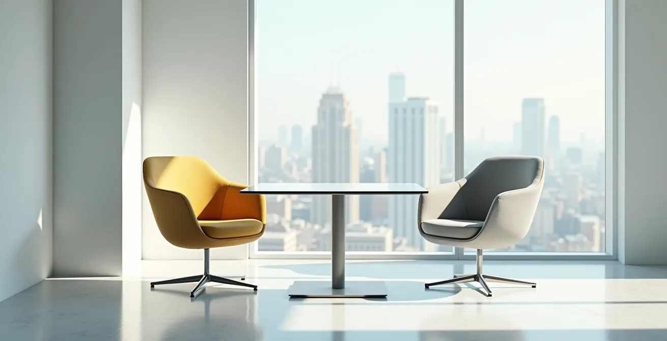 Bureau minimaliste avec deux chaises face à face symbolisant le dialogue entre entreprise et client