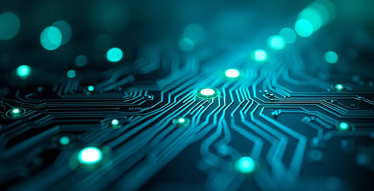 Vue macro détaillée de circuits électroniques avec des flux de données lumineux représentant la collecte et le traitement des informations clients