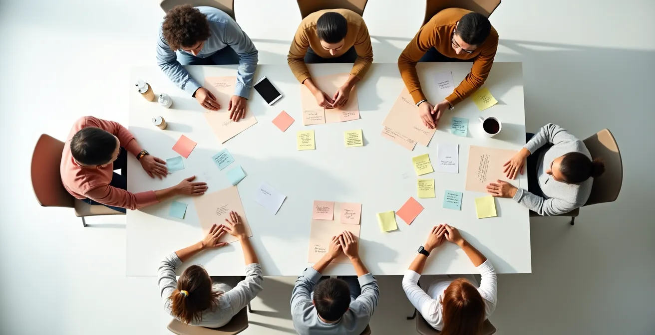Groupe diversifié collaborant autour d'une table de brainstorming créatif