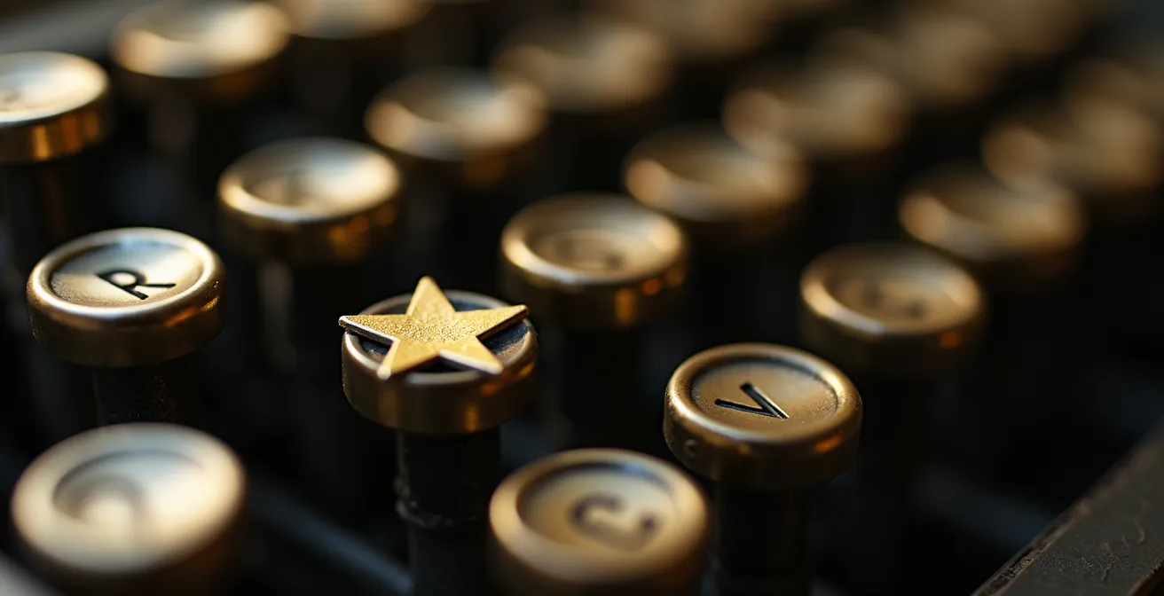 Vue macro d'un clavier d'ordinateur vintage avec des touches dorées représentant des étoiles, symbolisant les avis positifs