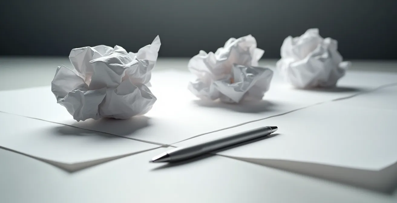 Composition symbolique avec papiers froissés et stylo sur bureau minimaliste