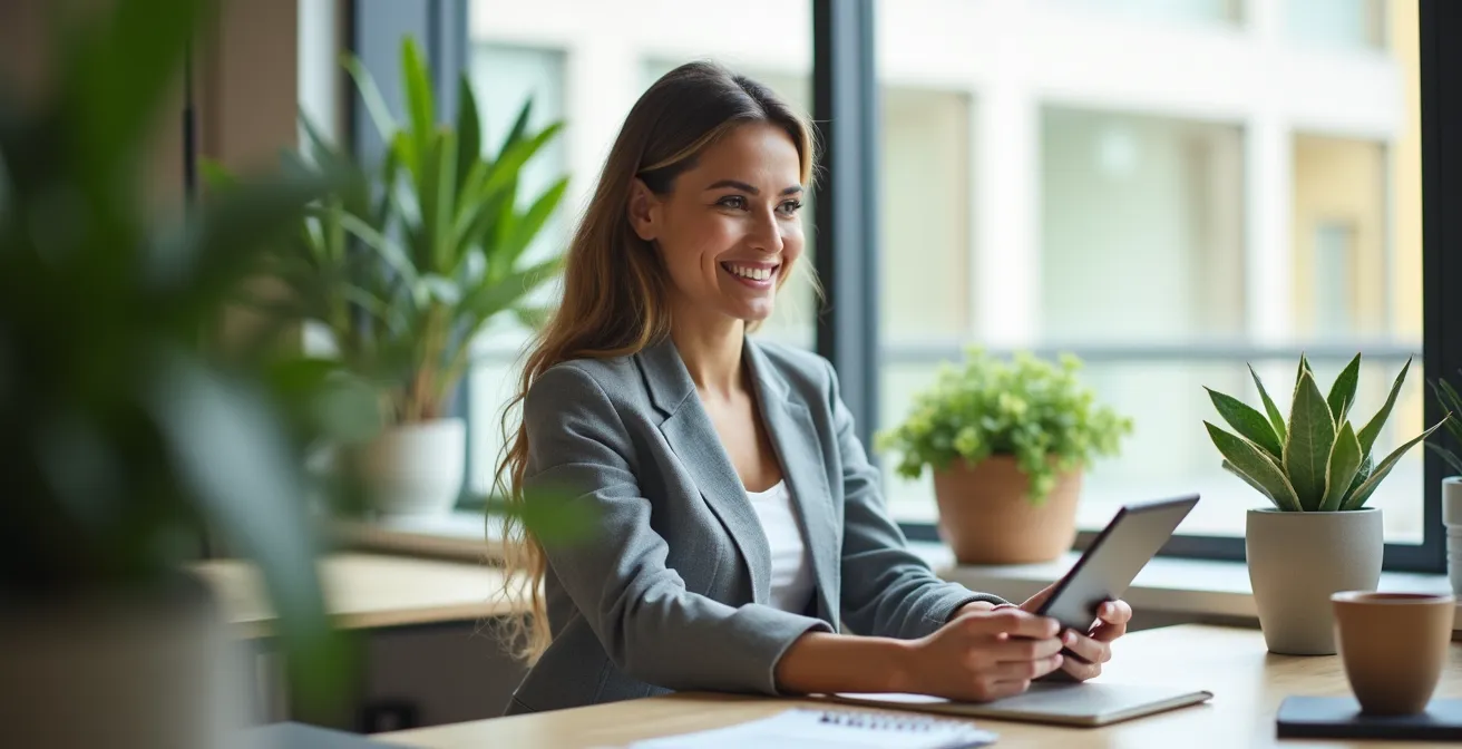 Une femme d'affaires souriante et confiante, symbolisant le succès et la modernité de l'e-mail marketing.