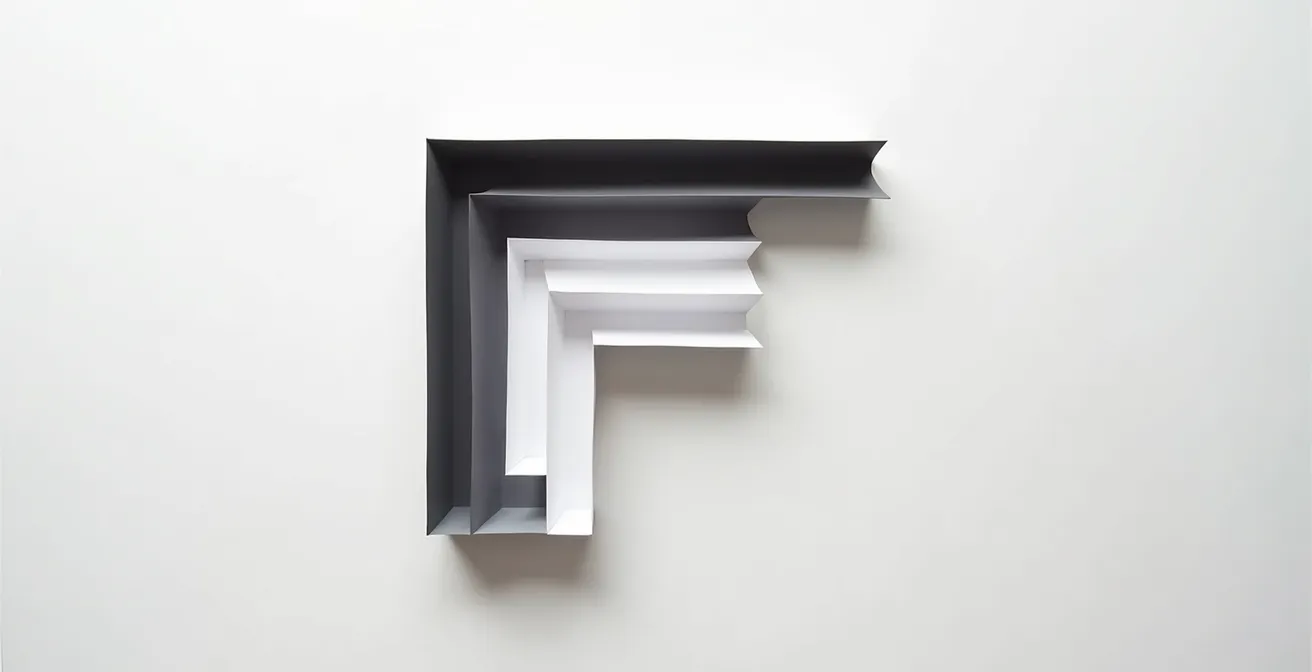 Composition abstraite montrant des formes géométriques organisées selon un parcours visuel en F, avec des contrastes de couleurs et des espaces négatifs stratégiques