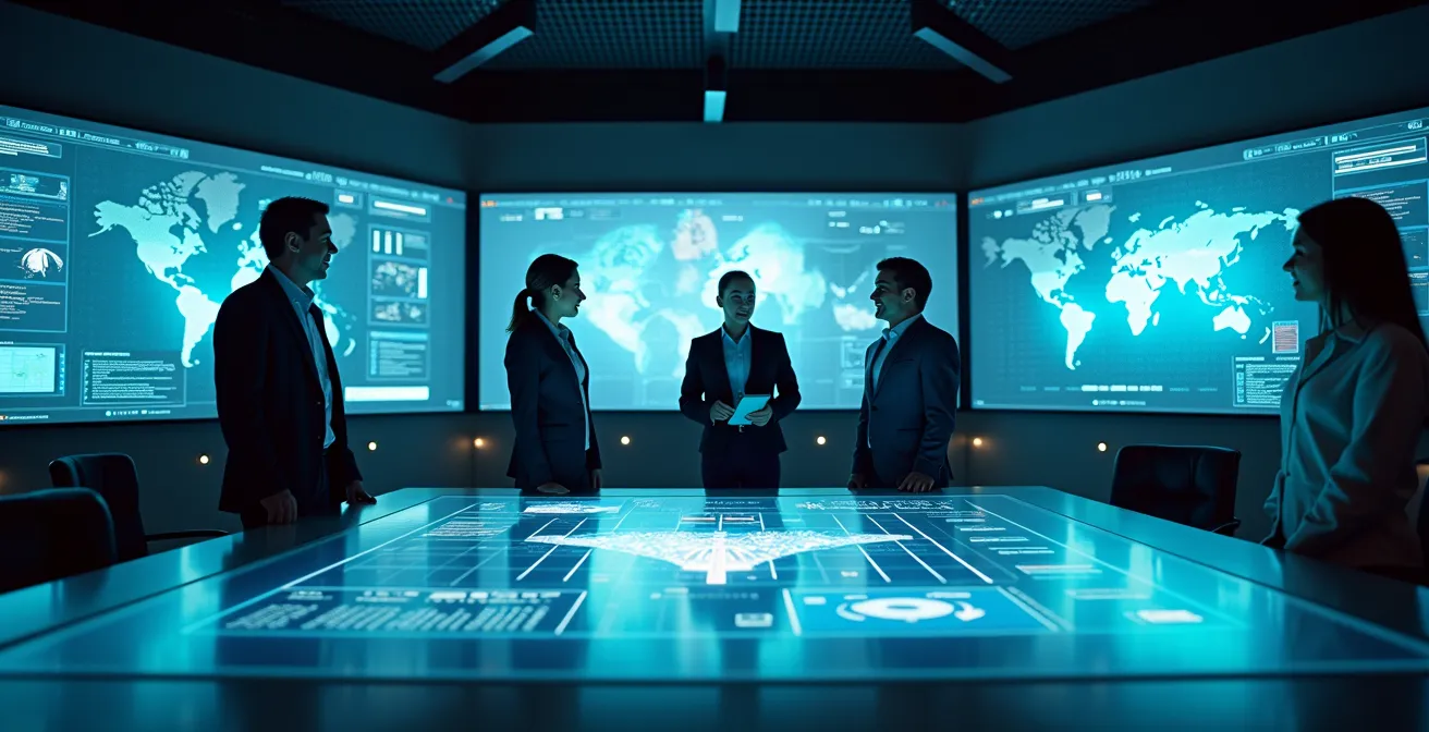 Salle de contrôle moderne avec multiples écrans affichant des graphiques abstraits et une équipe en discussion