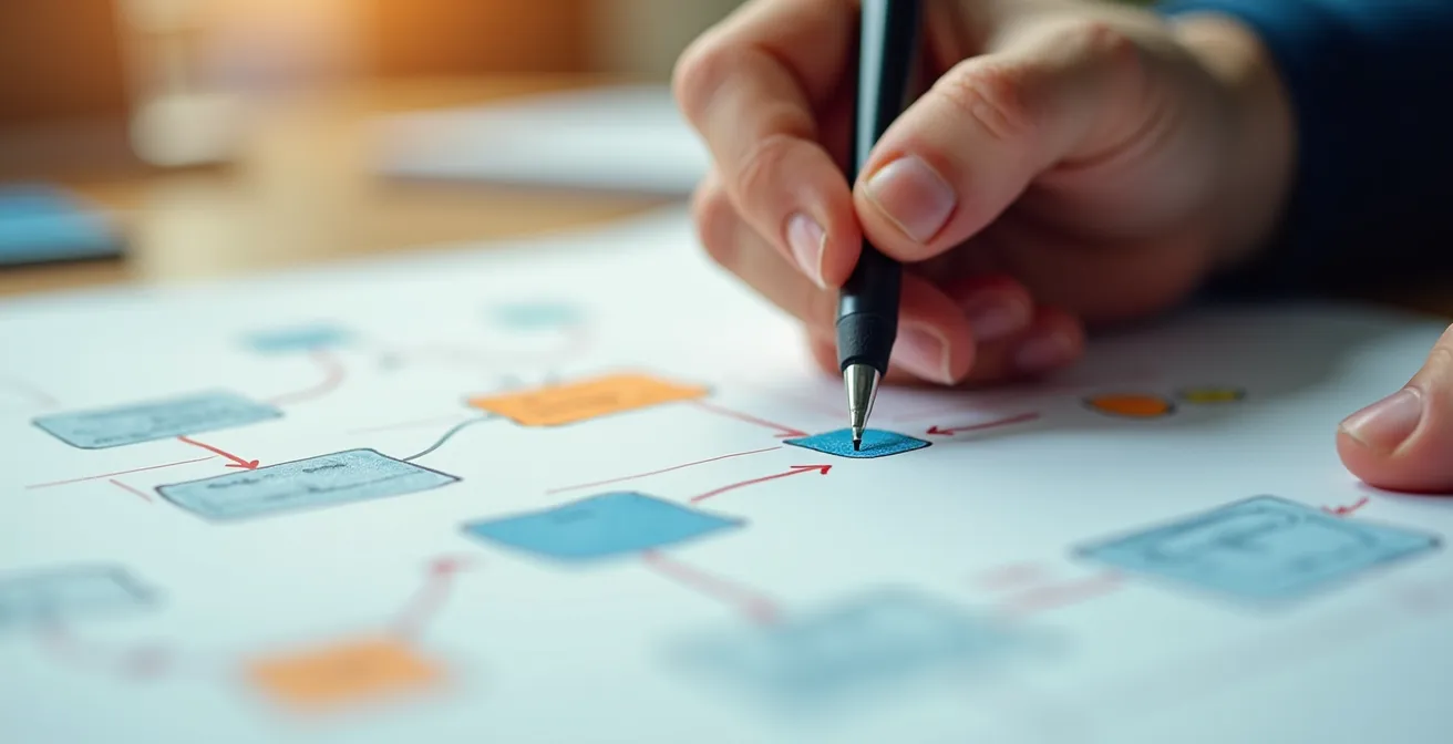Vue rapprochée d'un processus créatif avec diagrammes et outils professionnels