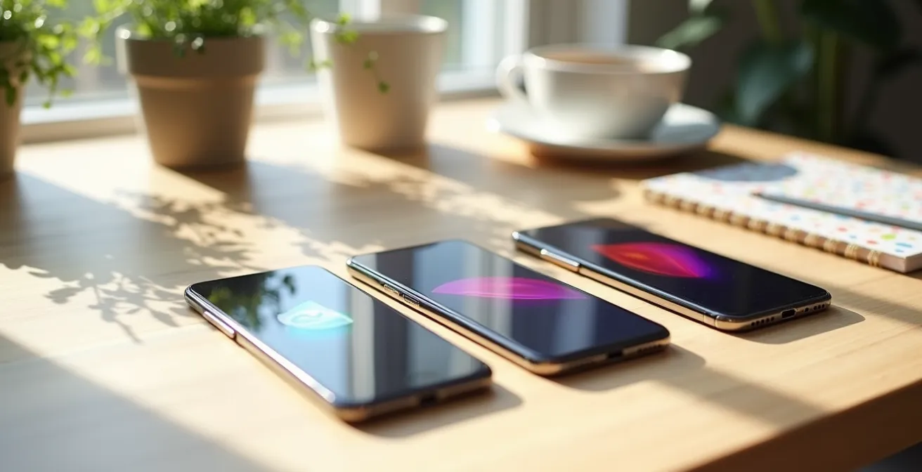 Trois smartphones posés sur une table montrant différents designs d'emails de remerciement colorés vus sous un angle oblique