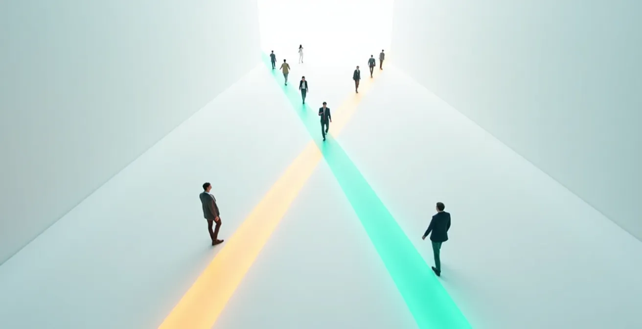 Vue aérienne de personnes suivant des chemins lumineux colorés qui s'entrecroisent, symbolisant un parcours client omnicanal harmonieux