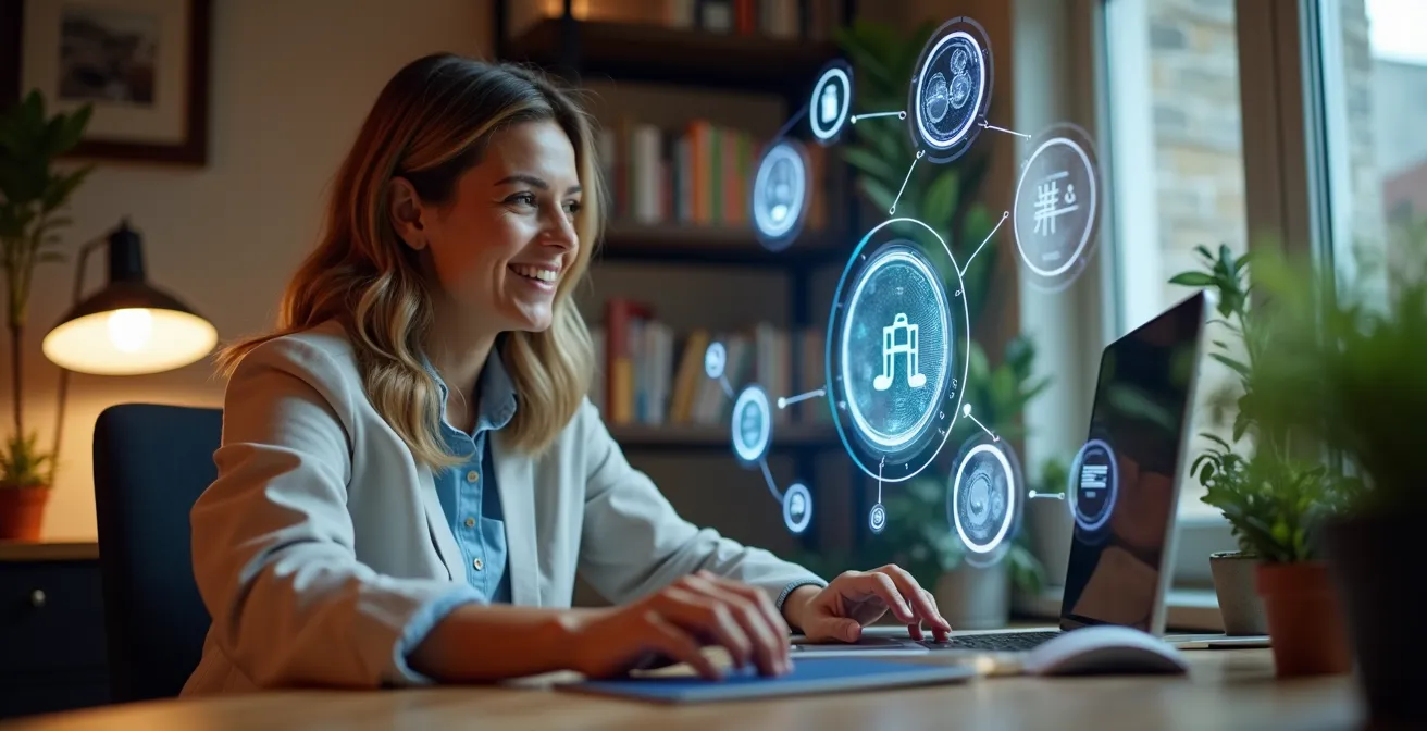 Interface minimaliste montrant différents outils marketing interconnectés avec des flux de données prédictives
