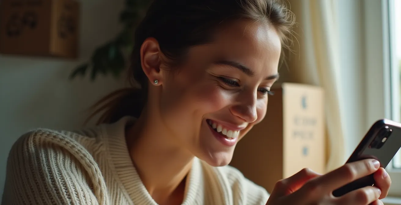 Personne souriante consultant son téléphone avec des notifications de suivi en arrière-plan flou