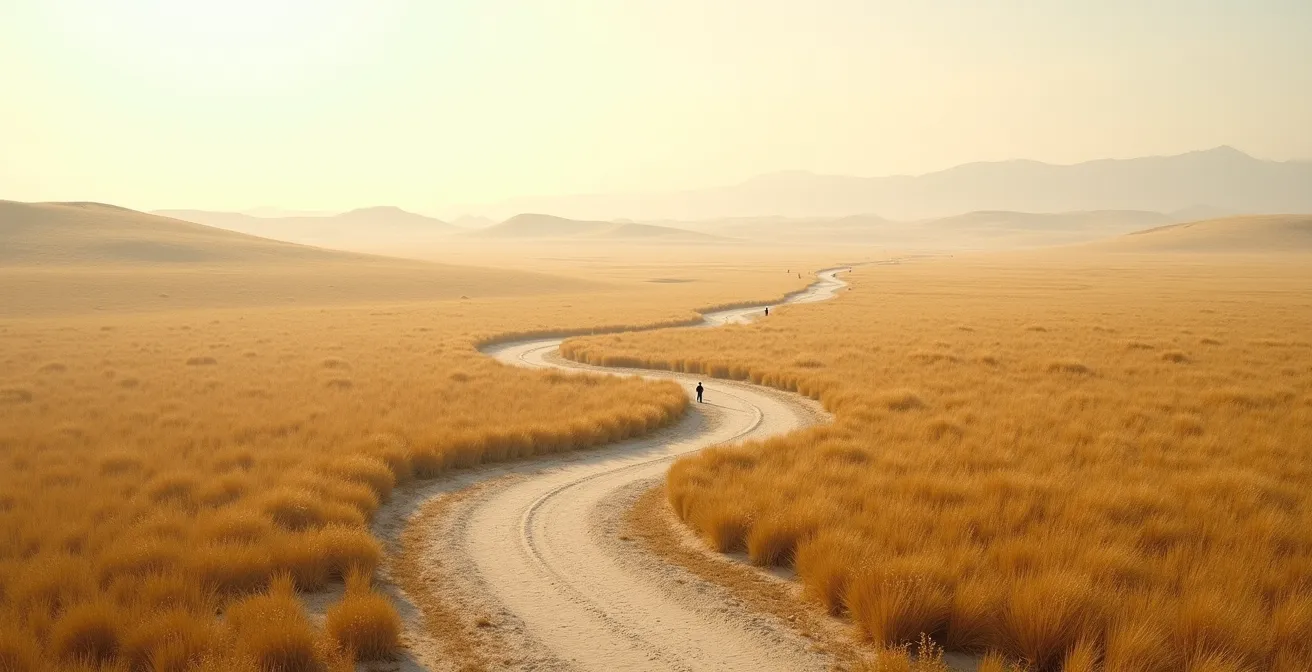 Vue aérienne minimaliste d'un chemin sinueux traversant différents paysages représentant l'évolution de la relation client