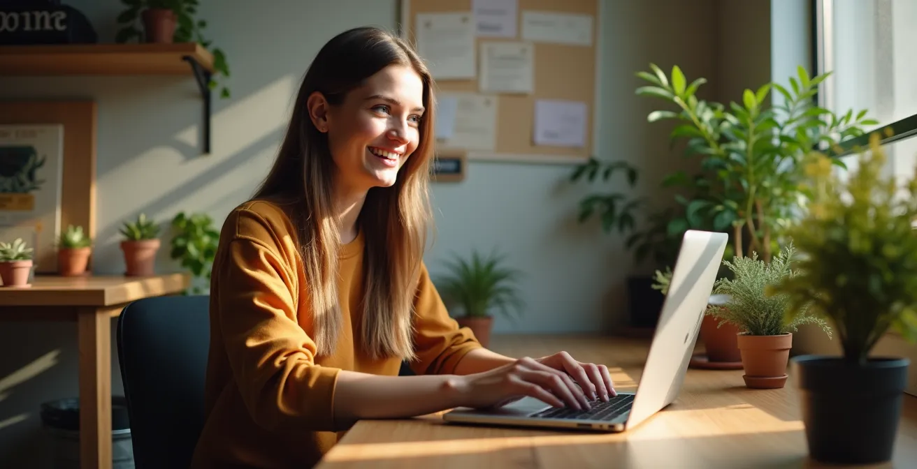Petit bureau chaleureux avec entrepreneur travaillant sur ordinateur portable entouré de plantes