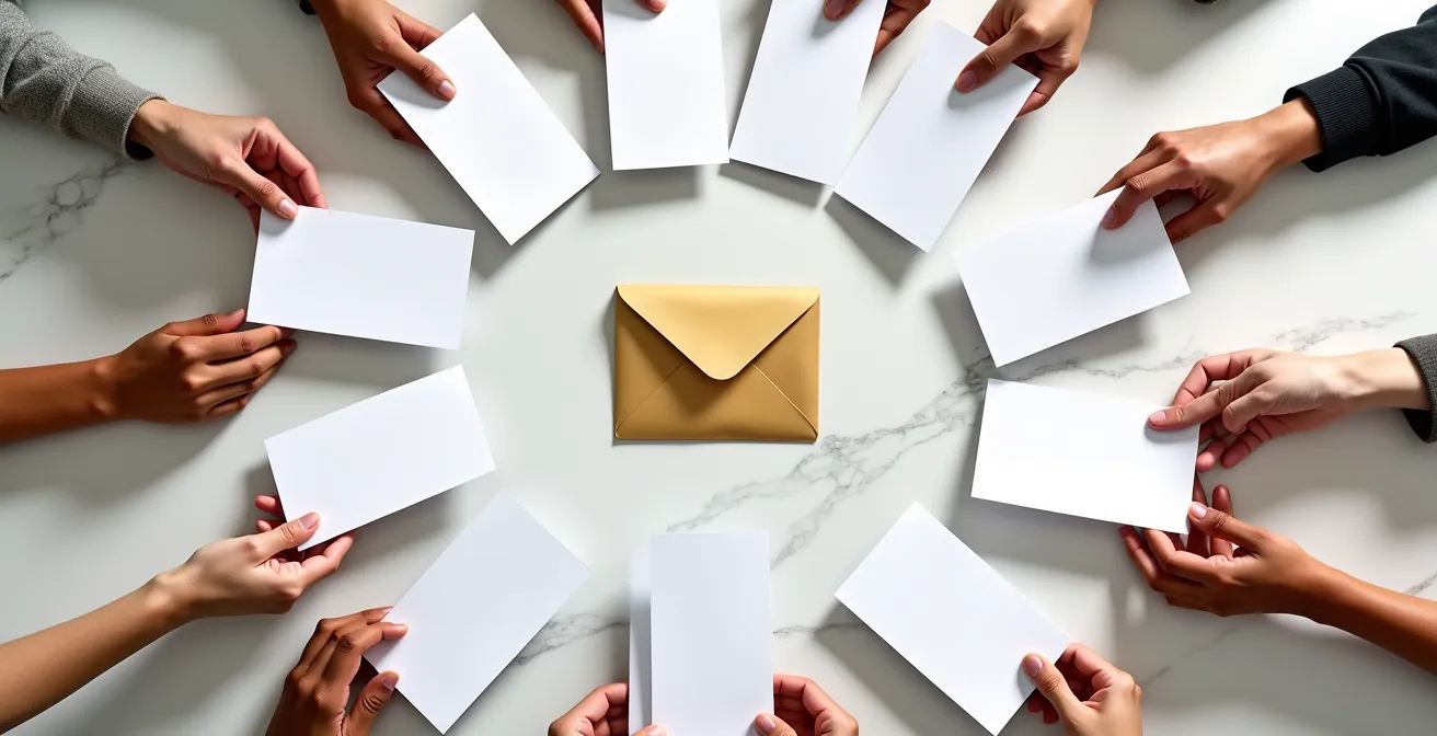 Composition symbolique montrant des mains tenant des cartes de témoignages clients arrangées en cercle