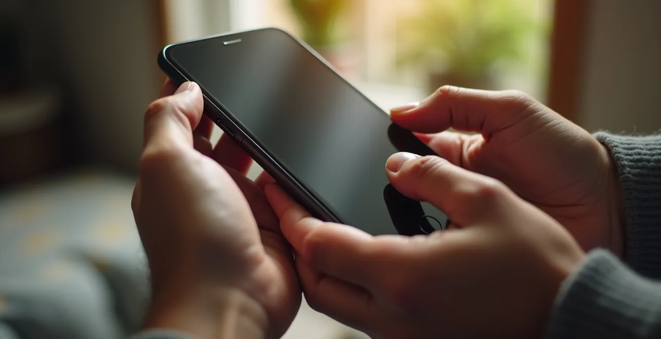 Gros plan sur des mains tenant délicatement un smartphone avec écran éteint, dans un environnement apaisant