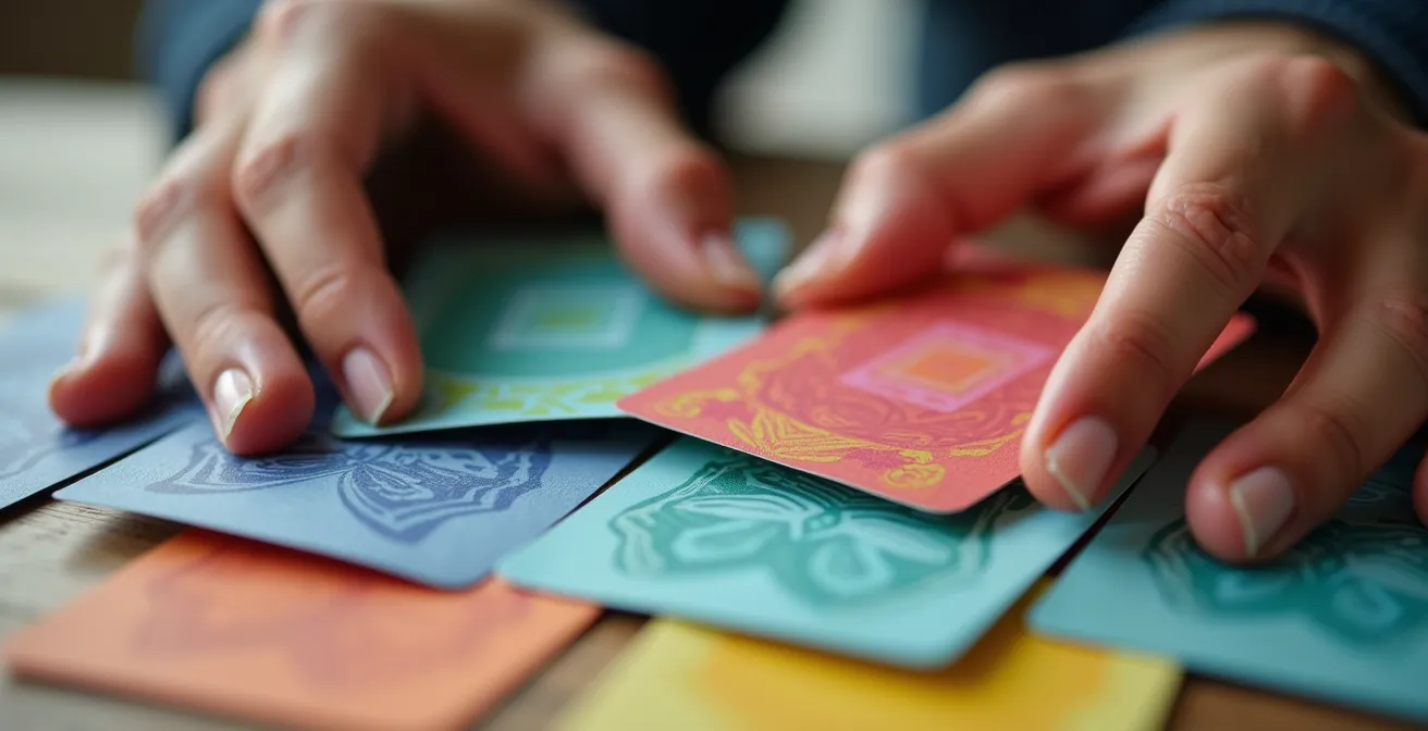 Gros plan sur des mains manipulant des cartes colorées symbolisant les choix dans un quiz interactif de préférences client