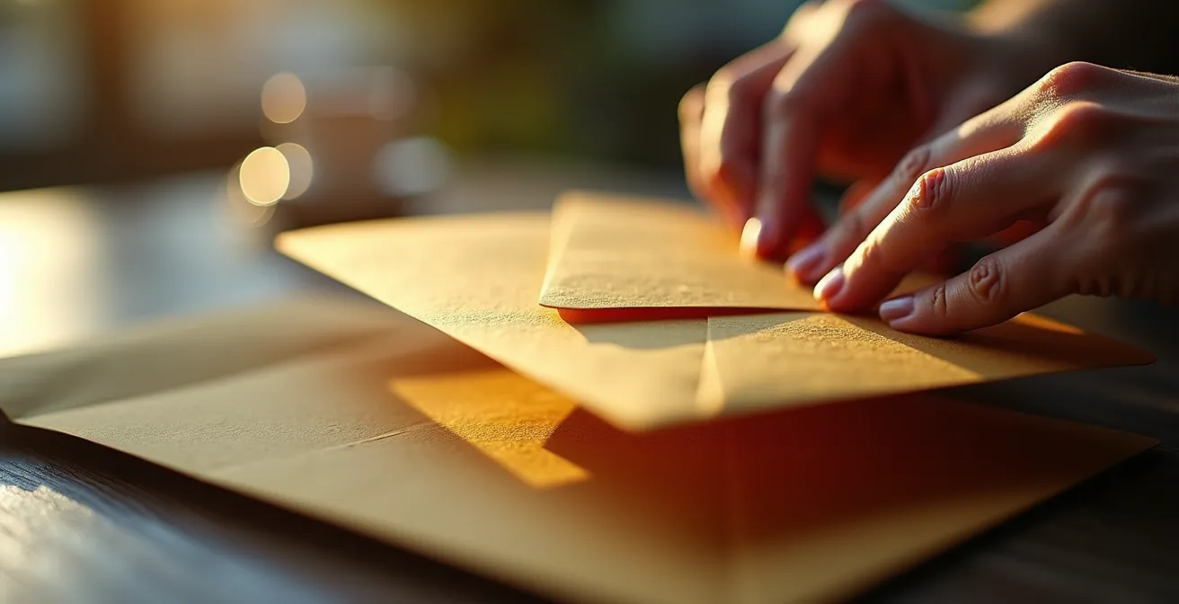Vue macro d'une main tenant délicatement une enveloppe dorée avec des détails de texture visible