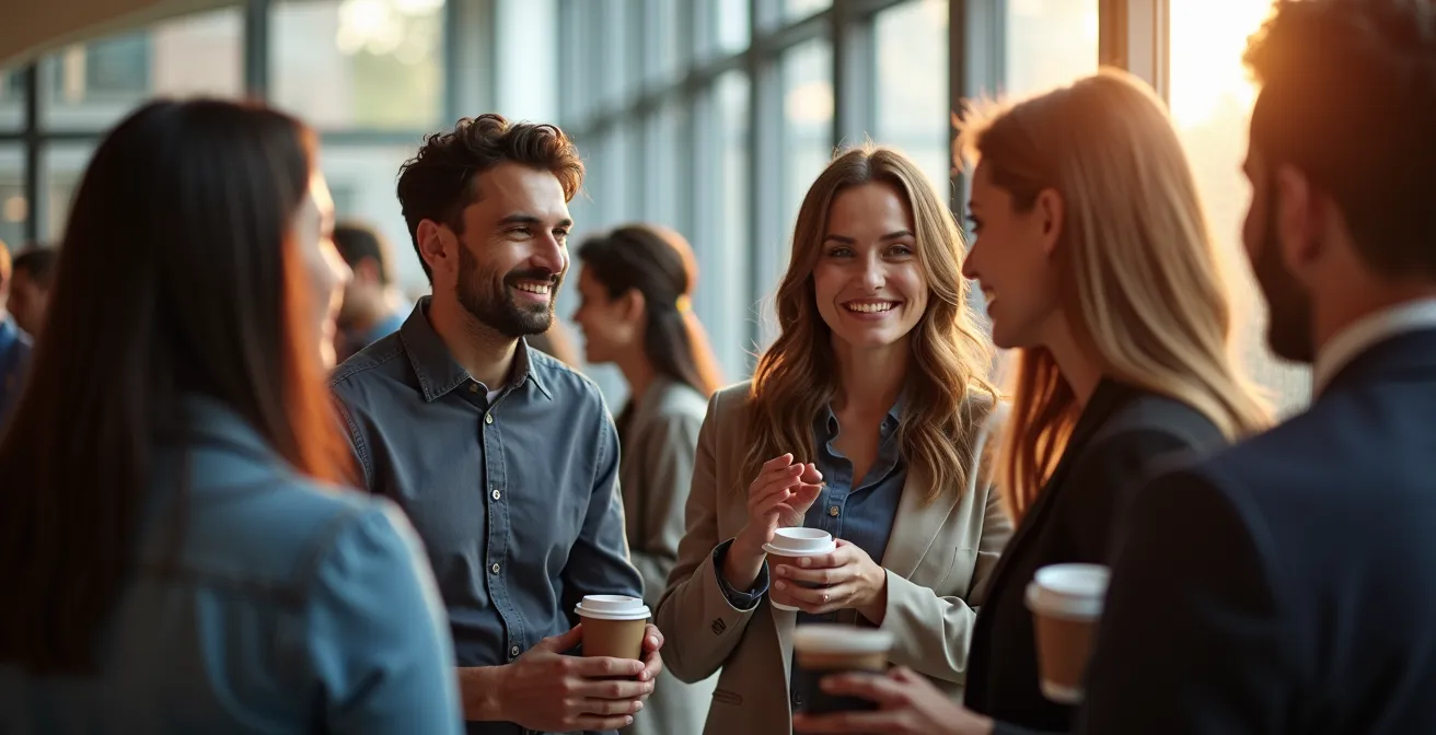 Groupe de professionnels en discussion animée lors d'un événement networking dans un espace moderne