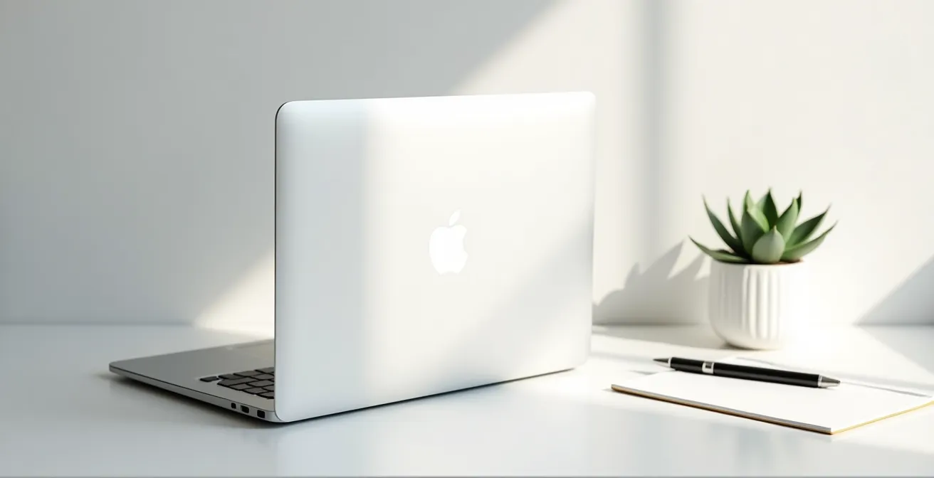 Espace de travail minimaliste avec ordinateur portable fermé et plante verte