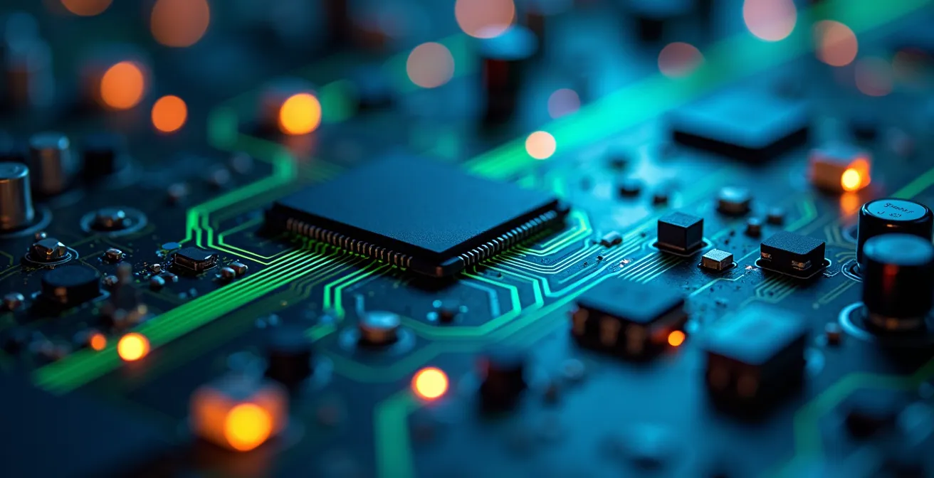 Vue macro d'un circuit électronique complexe avec des lumières LED colorées représentant le flux d'automatisation