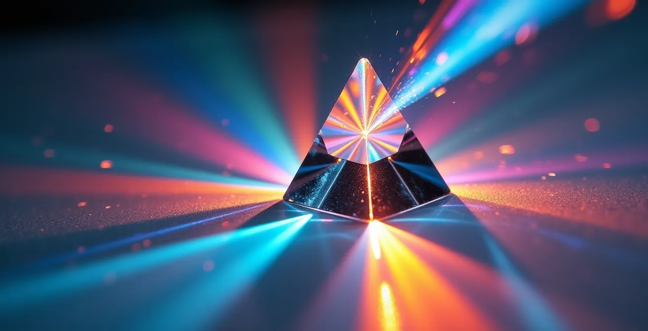 Vue macro d'un prisme de cristal décomposant un faisceau lumineux en multiples rayons colorés