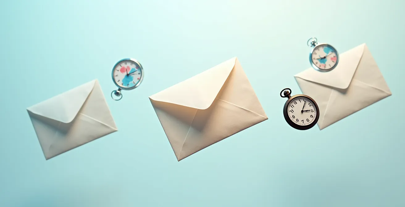 Représentation visuelle d'une séquence d'emails automatisés avec des enveloppes flottantes et des horloges suggérant le timing parfait