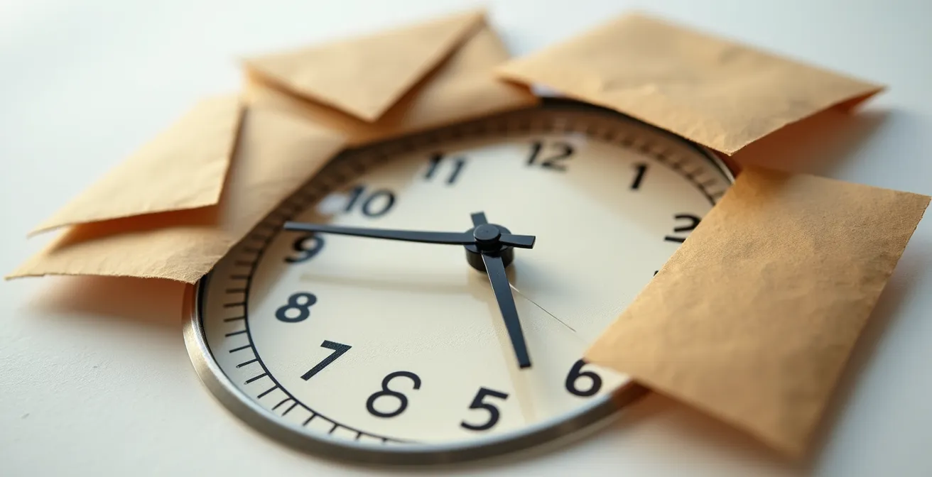 Vue macro d'une horloge vintage en gros plan avec trois enveloppes papier disposées en arc de cercle autour du cadran