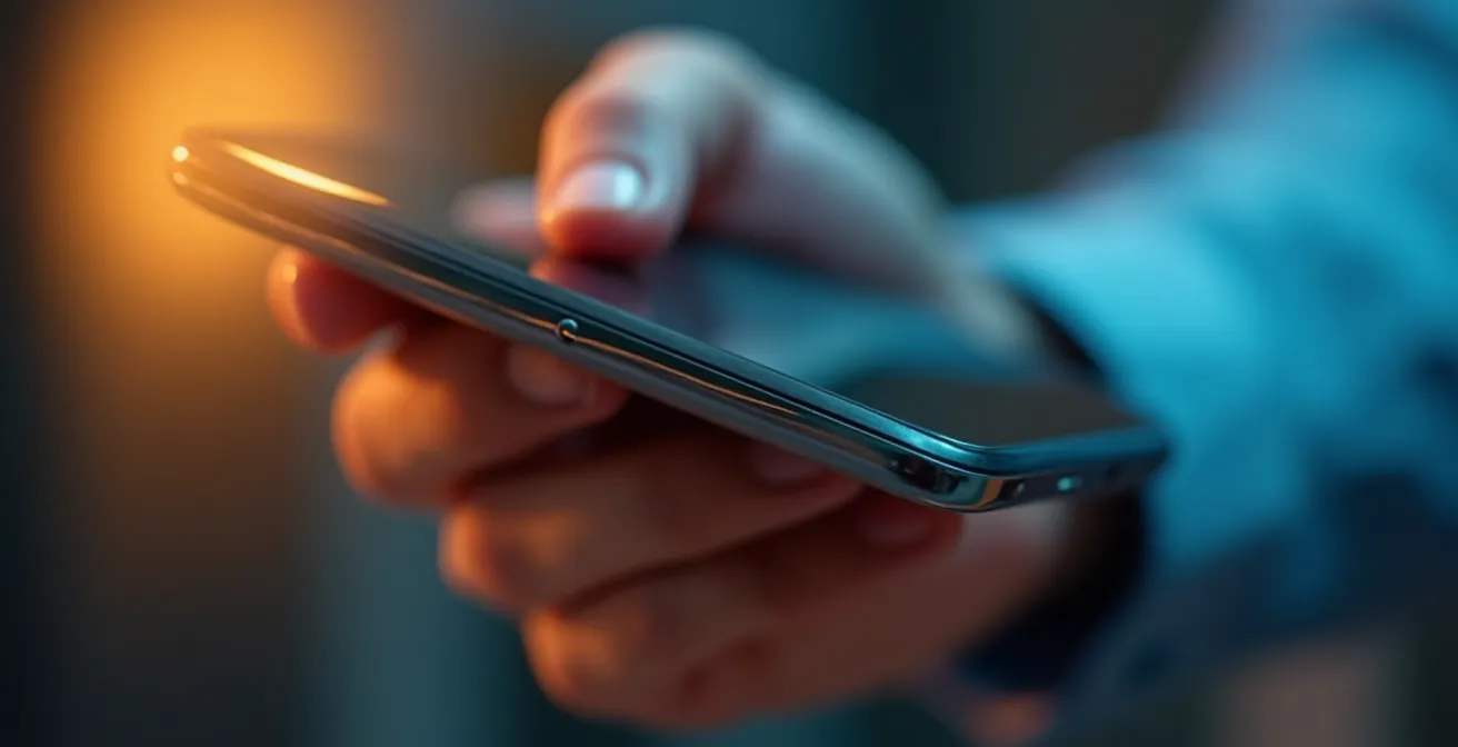 Vue macro d'une main tenant un smartphone avec des notifications d'événement