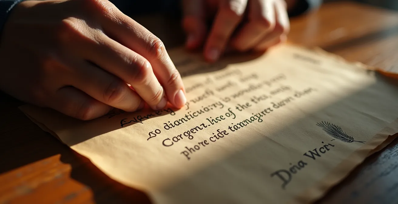 Macro photographique de mains tenant une lettre manuscrite avec détails texturaux