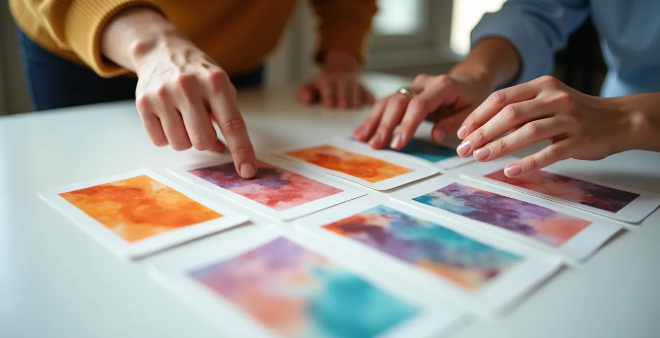 Mains tenant des cartes narratives colorées formant une séquence visuelle