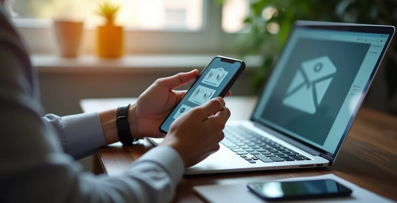 Composition minimaliste montrant la complémentarité entre email et réseaux sociaux sur différents écrans