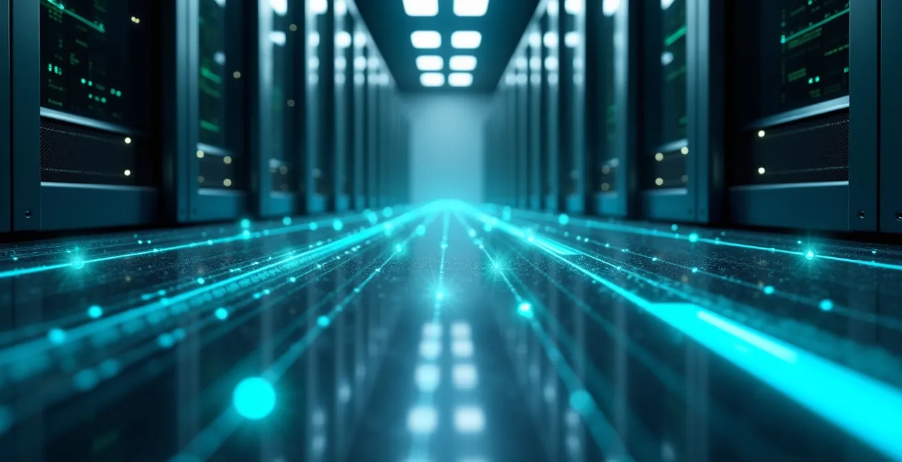 Parcours technique d'un email à travers les serveurs et filtres anti-spam visualisé de manière abstraite