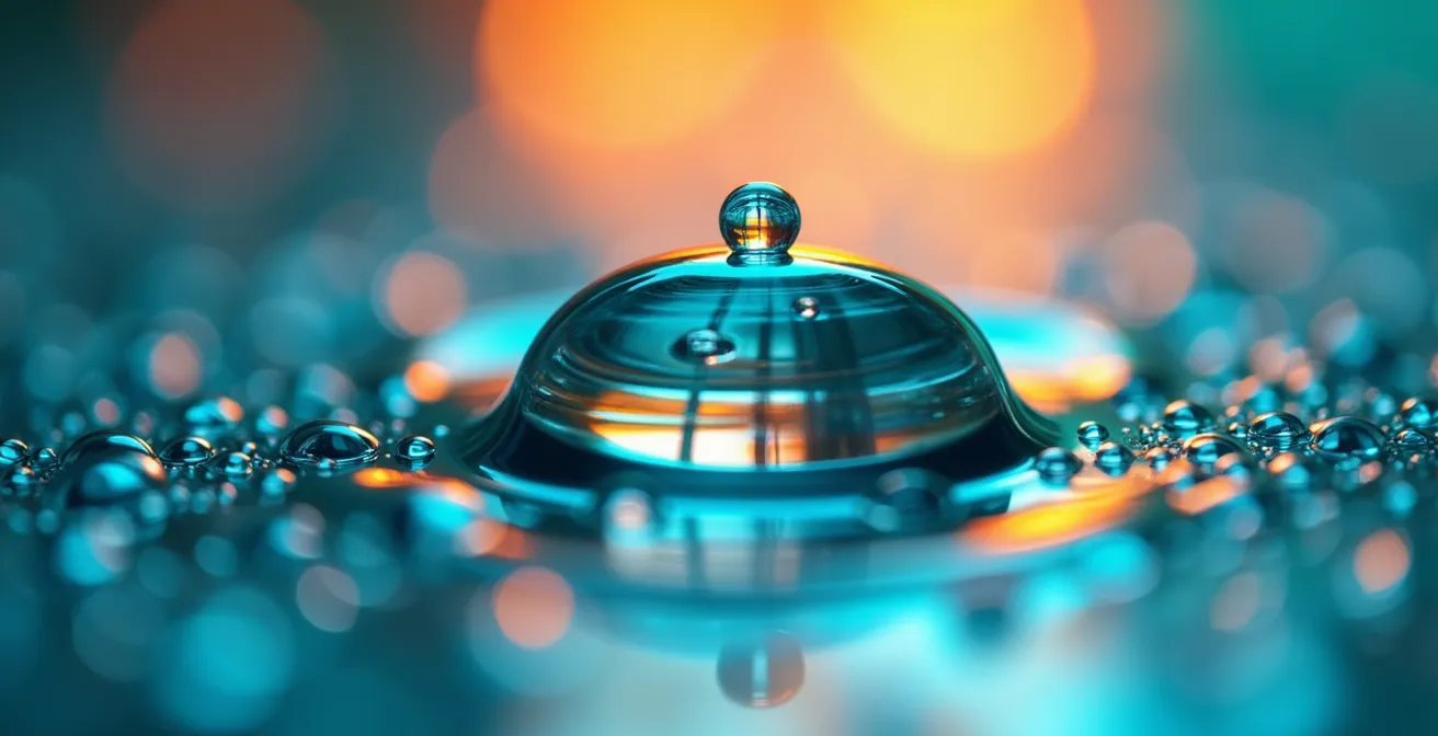 Comparaison visuelle de tests A/B avec variations de performance symbolisée par des gouttes d'eau colorées