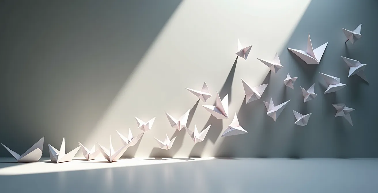 Métaphore visuelle de la transformation d'un visiteur en abonné fidèle avec des avions en papier devenant des oiseaux en origami.