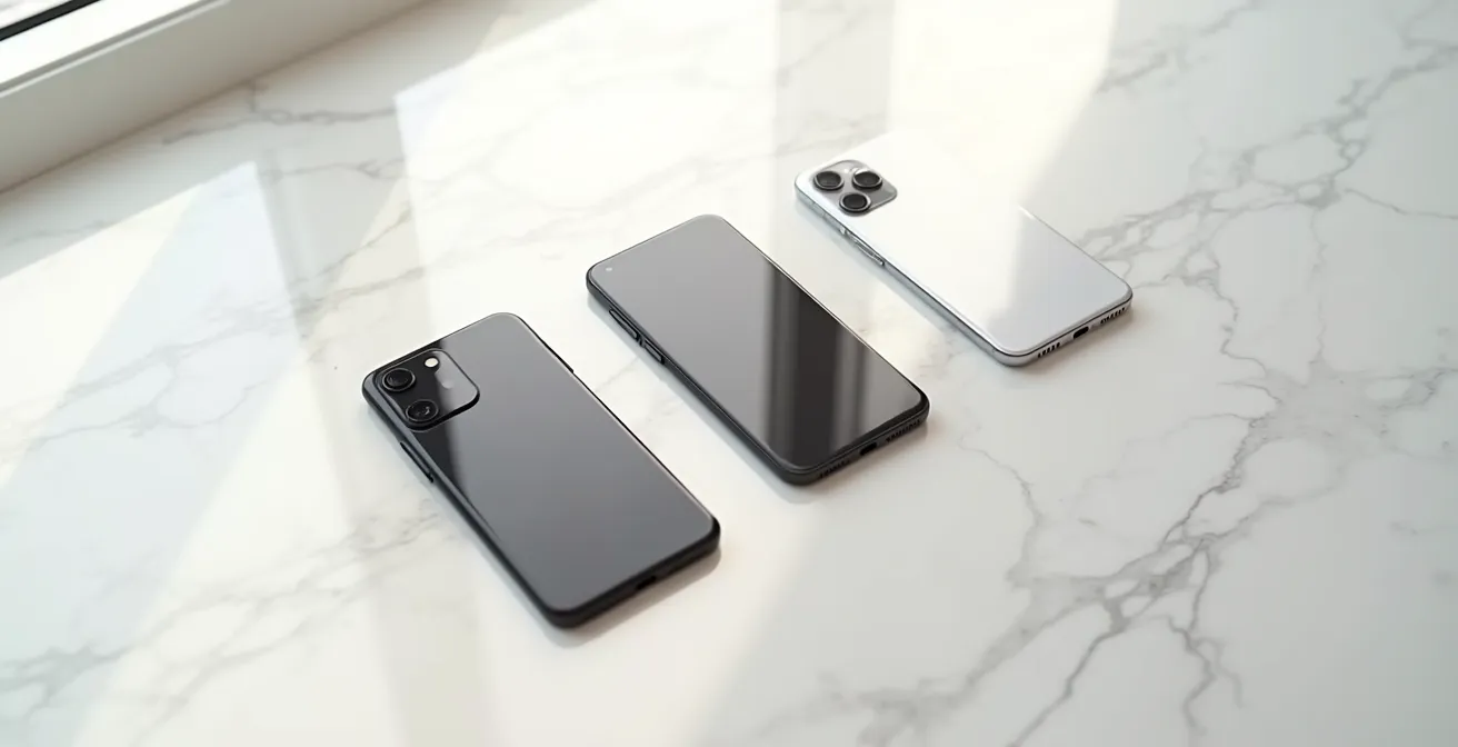 Trois smartphones vus de profil montrant des designs d'emails différents