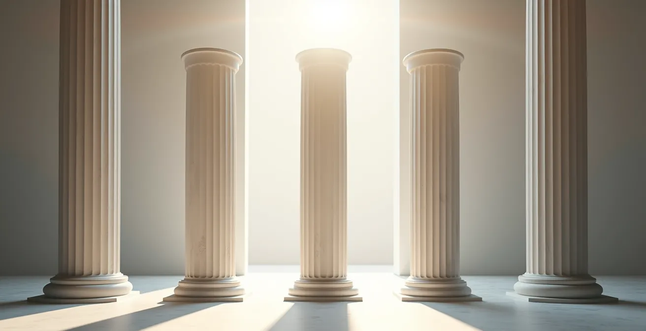 Composition minimaliste de trois colonnes architecturales équilibrées dans un espace épuré