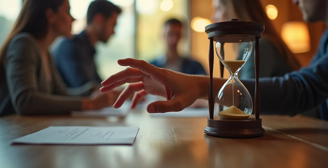 Composition montrant subtilement l'effet de groupe avec des silhouettes floues et une horloge suggérant l'urgence