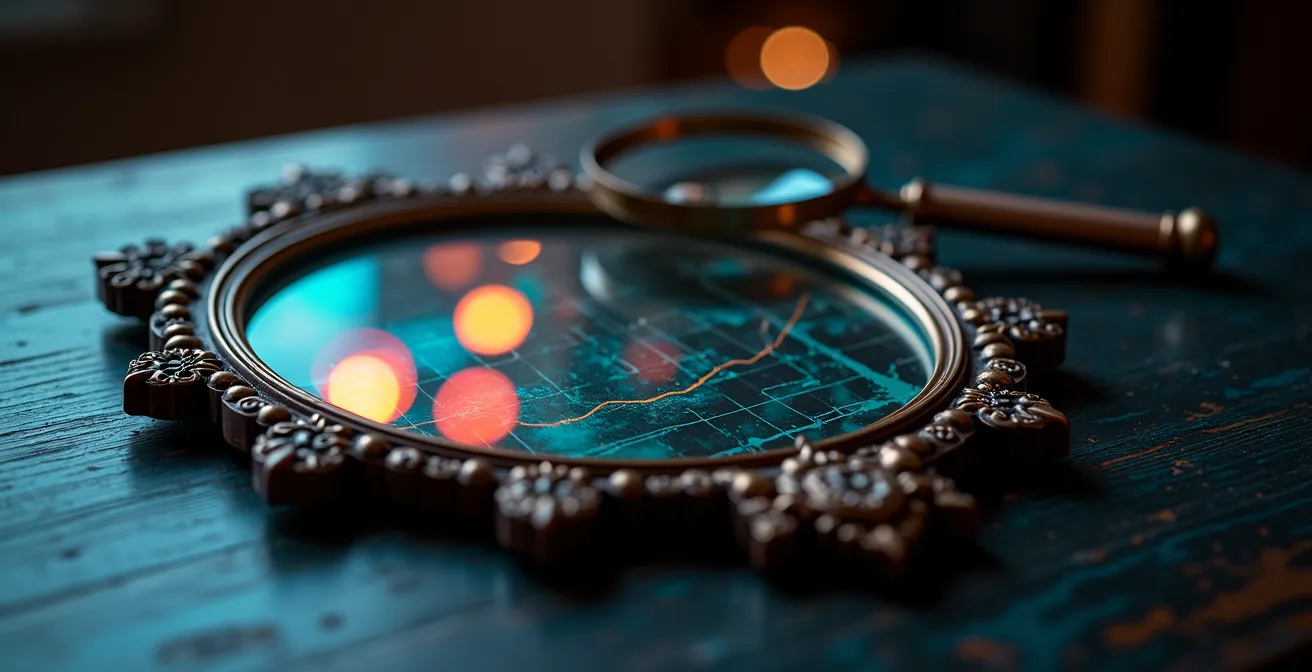 Composition symbolique avec un miroir ancien reflétant des graphiques colorés mais flous, suggérant l'illusion des métriques de vanité